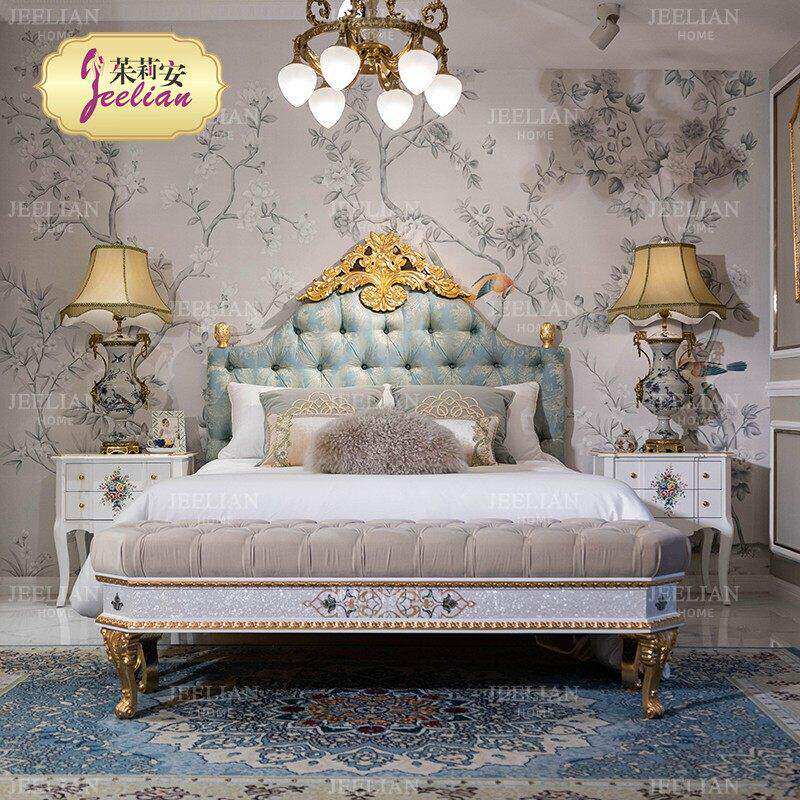 茱莉安法式欧式奢华蓝色实木雕花主卧双人1.8米金箔复古布艺婚床