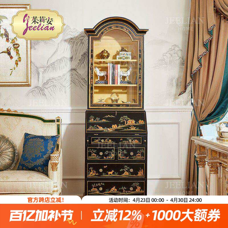茱莉安欧式法式复古古典黑色手绘桦木实木玻璃带灯单门酒柜展示柜
