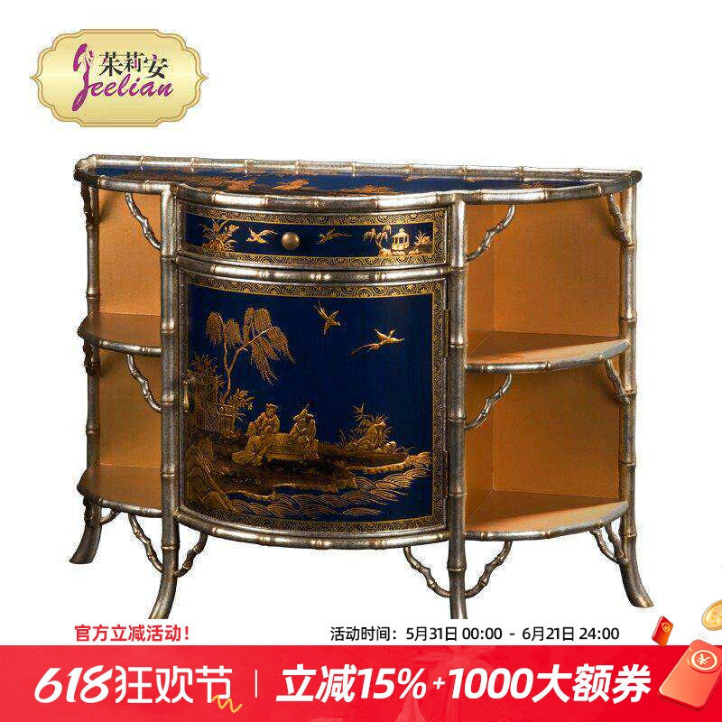 美式乡村法式复古黑色奢华竹节造型手绘花鸟别墅门厅实木玄关柜