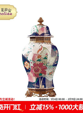 茱莉安欧式奢华陶瓷加铜重工雕刻彩色描绘植物动物八角天字坛盖坛