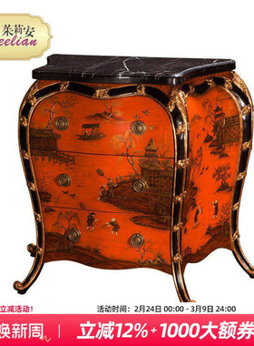 茱莉安法式中国风橙色三斗柜大理石重工叠金手绘人物风景玄关柜