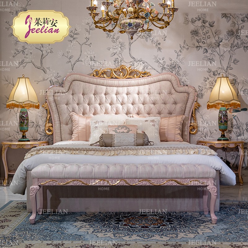 茱莉安法式艺术浪漫重工实木雕刻家具别墅卧室氛围感粉色公主床