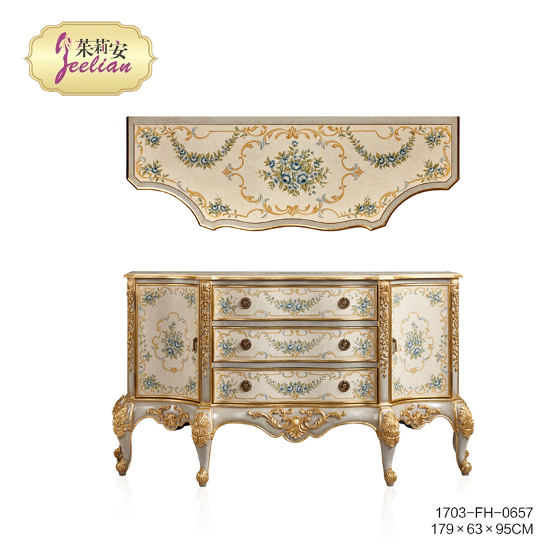 茱莉安奢华法式唯美浪漫实木手绘洋花复古玄关柜三斗装饰门厅柜