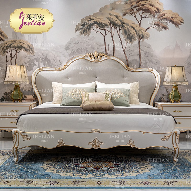 茱莉安法式轻奢浪漫实木雕刻贴金箔家具别墅卧室灰色奶油双人床
