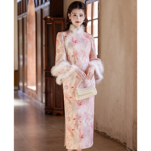 提花高级 订婚长款 粉色优雅冬款 旗袍轻国风绝美减龄显瘦2025年新款