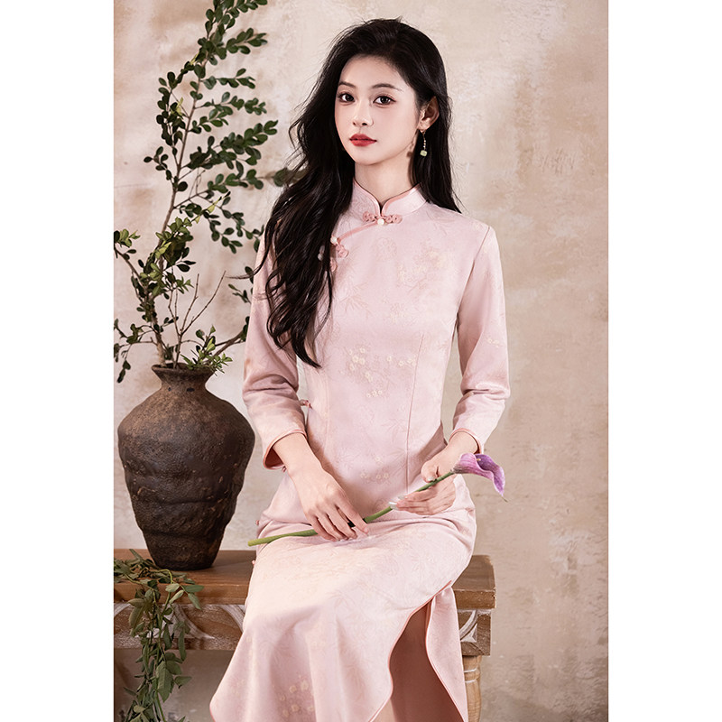 粉色国风优雅旗袍日常2025年新款订婚高档绝美轻国风减龄长袖时尚,女装/女士精品,旗袍,淘宝优惠券,粉丝福利购,淘宝优惠卷