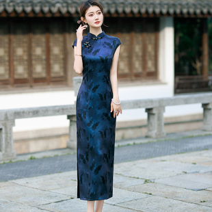 2025年新款 蓝色时尚 长款 日常修身 演出服绝美气质夏 改良旗袍新中式