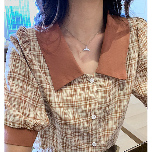 Plaid shirt women's summer new design niche French top retro Hong Kong style puff sleeve shirt