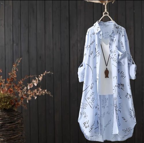 Letter print medium long long long sleeved shirt women's summer clothes new casual loose cardigan sunscreen clothes women's beach clothes