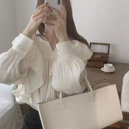 Korean chic design sense of minority temperament Ruffle pleated shirt women's spring new super fairy bubble sleeve top