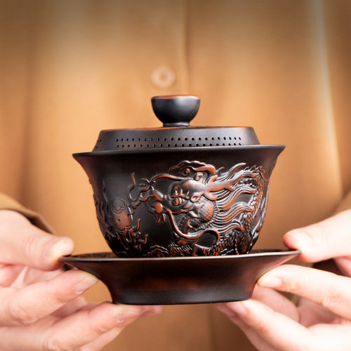 紫陶浮雕三才盖碗高档功夫茶具