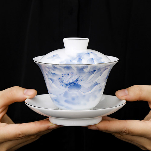 向行陶瓷手绘荷韵大号三才盖碗茶杯家用高档泡茶碗定制不烫手茶具