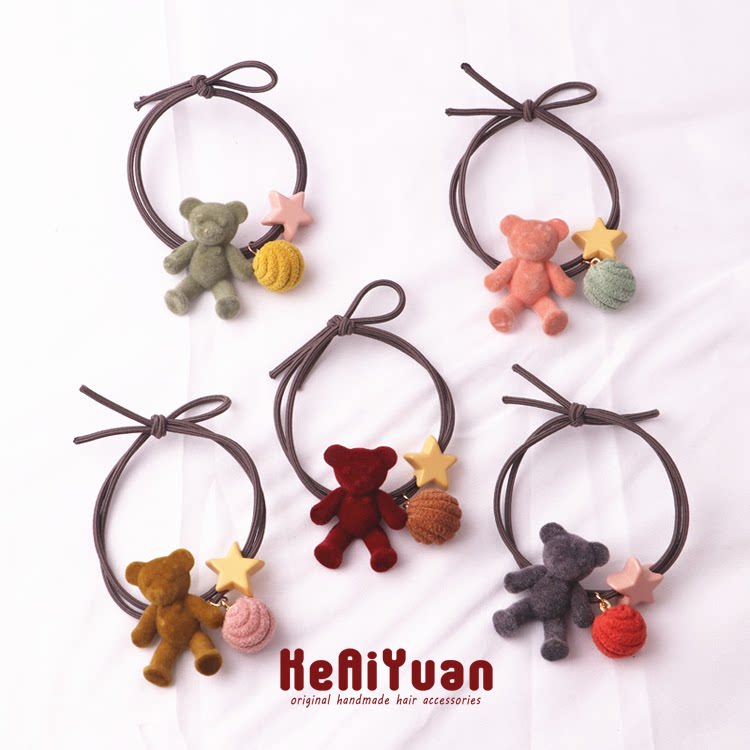 植绒小熊儿童头绳新款甜美发饰丸子头皮筋星星球球学生少女发圈