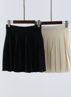 珠片纱羊毛混纺 高腰百褶 秋冬新款学院风 短款伞裙 减龄显腿长