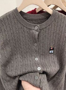 欧货小熊刺绣毛衣女卡通麻花针织开衫 圆领长袖宽松百搭秋冬外套