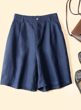 藏青色亚麻五分裤女客供纯麻凉爽宽松半松紧休闲裤文艺森系短裤