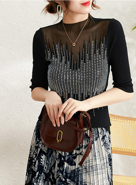 春夏季新款网纱拼接镂空内搭针织衫重工烫砖亮片打底修身半袖上衣