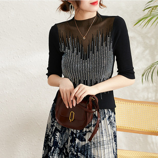 春夏季新款网纱拼接镂空内搭针织衫重工烫砖亮片打底修身半袖上衣