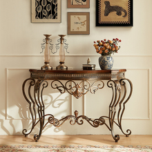 美式复古入户玄关桌门厅铁艺置物桌欧式实木小条案艺术半圆玄关台