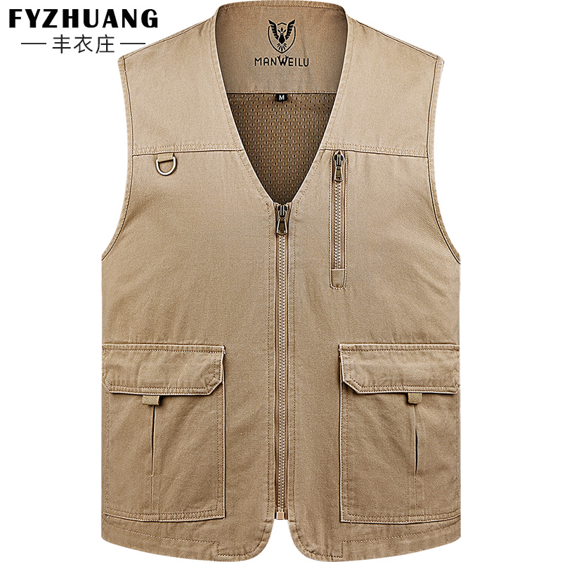 宽松大码中老年人男士多口袋马甲爸爸纯棉春秋装上衣外套休闲坎肩