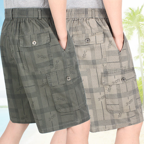 中老年男士宽松休闲短裤纯棉松紧腰多口袋沙滩裤爸爸夏季五分裤薄