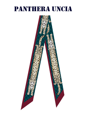 插画师手绘原创插画蓝红色雪豹可爱复古长款飘带长窄丝巾发带绑包