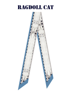 插画师手绘原创插画白蓝色布偶猫可爱复古长款飘带窄丝巾发带绑包