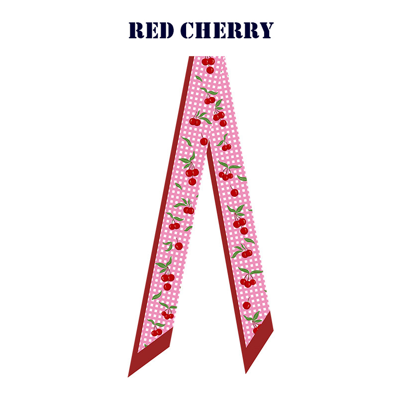 插画师手绘原创插画水彩红色樱桃可爱复古长款飘带窄丝巾发带绑包