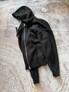 undercover连帽经典 羊毛毛衣藏蓝色黑色拼接提花设计英伦街头潮流