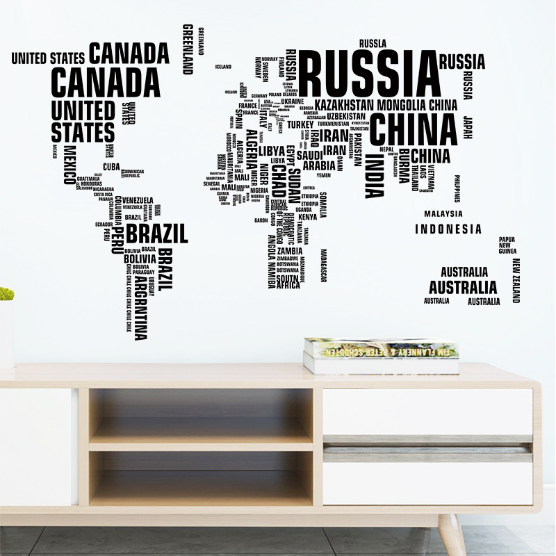创意纯黑色字母 The World Map墙贴画自粘可移除PVC墙贴 FX-C50
