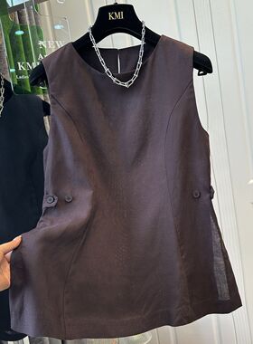 简约风大码圆领收腰纽扣宽松轻薄背心女小衫轻薄莱赛尔亚麻夏新款