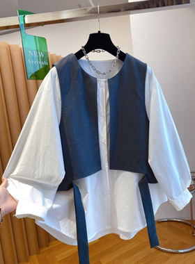 高级感叠穿设计感西装马甲拼接白色衬衫假两件上衣女2026新款早春