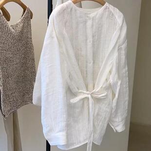 大码法式复古宽松慵懒风长袖衬衫女夏季圆领休闲薄款防晒长袖上衣