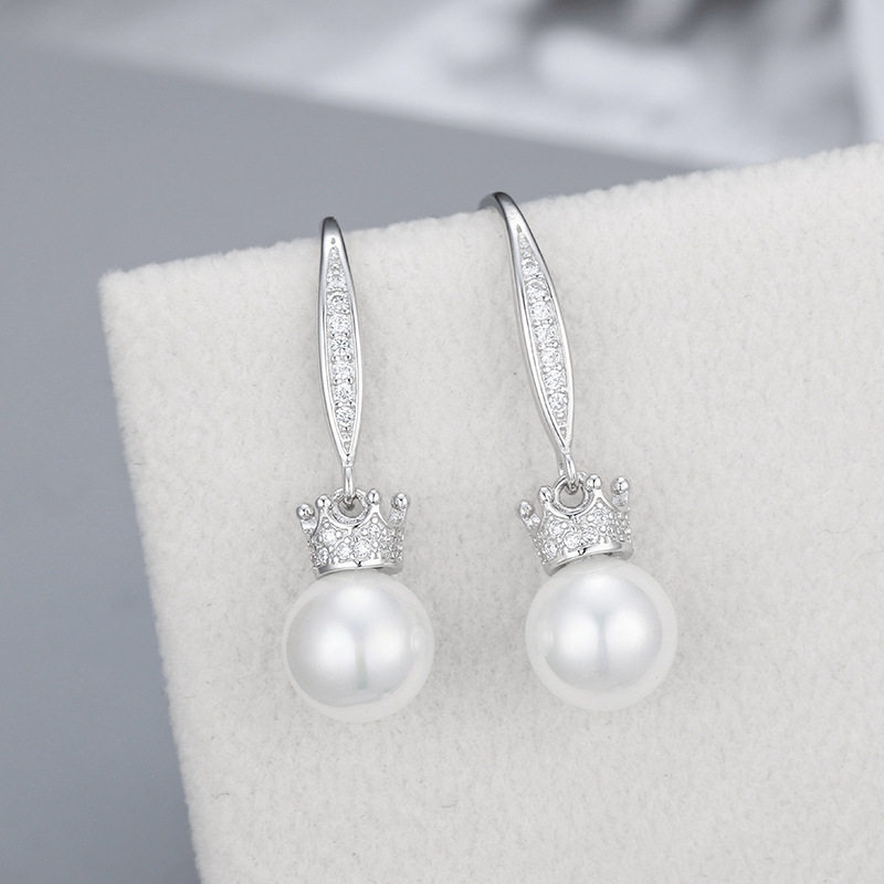 跨境货源S925纯银皇冠珍珠耳环简约创意镶钻耳勾耳钉DIY空托配饰