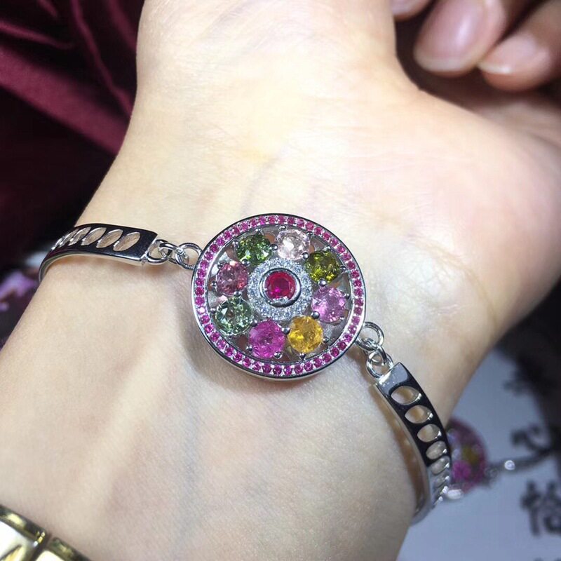 天然水晶手链S925银镶嵌糖果色碧玺旋转手环玫瑰金色双色手链女款