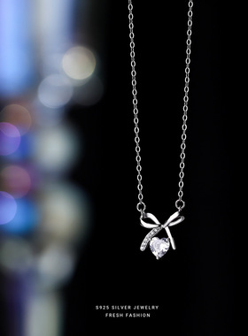 s925纯银扭结蝴蝶结镶钻爱心项链女韩版甜美ins 小清新锁骨链代发