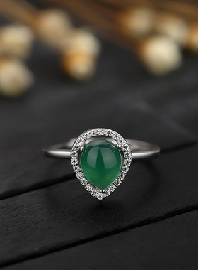 S925纯银水滴形绿玉髓活口戒指镂空镶锆石复古时尚个性指环