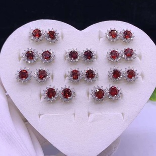 洛可可INS风S925银天然酒红石榴石耳钉小太阳耳环复古耳钉