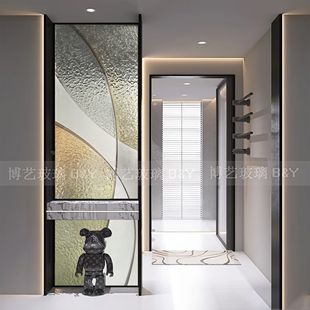 艺术玻璃玄关手工浮雕现代简约原木风屏风隔断双面客厅高端玻璃