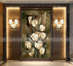 3D立体雕刻 艺术玻璃 郁金香 简欧现代 高档背景墙隔断 玄关背景