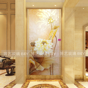 现代 简欧 隔断过道背景 荷花 立体雕刻 艺术玻璃 金色 玄关背景