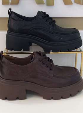 哈森HARSON正品2025新款春秋季轻便厚底系带乐福女单皮鞋HS260601