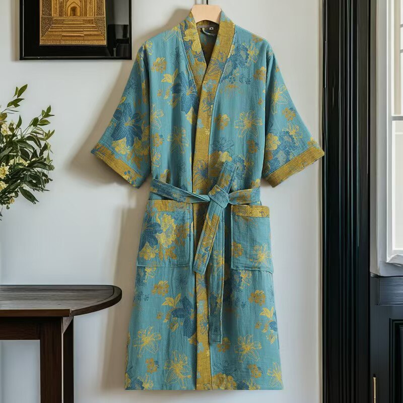 双层纱浴袍短款纯棉睡袍春夏薄款睡衣睡袍情侣家居服吸水速干浴衣