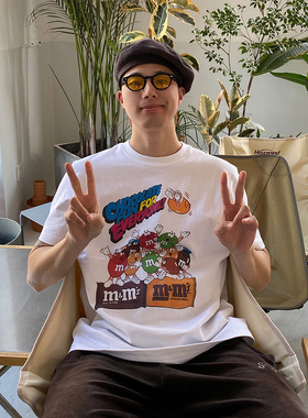 麻烦士多vintage美式复古M&M豆趣味卡通印花圆领短袖男女款中性潮