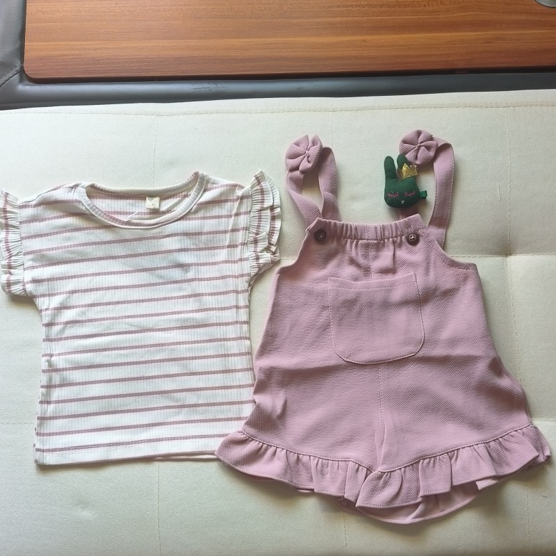 亏本甩货夏季儿童服装女童短袖T恤背带短裤套装宝宝条纹套头上衣