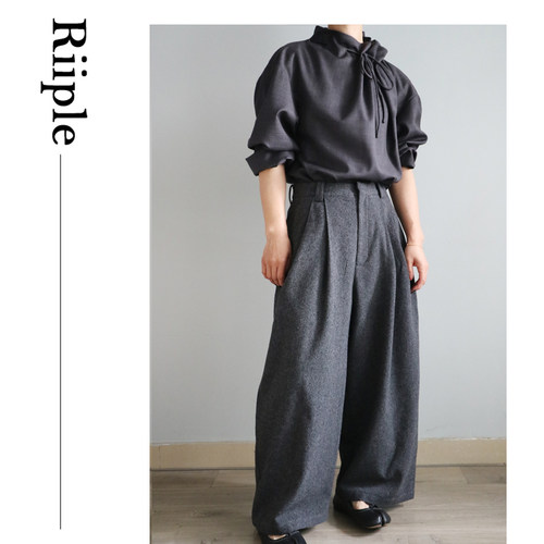 Riiple  秋冬羊毛双褶弧型通勤百搭九分裤