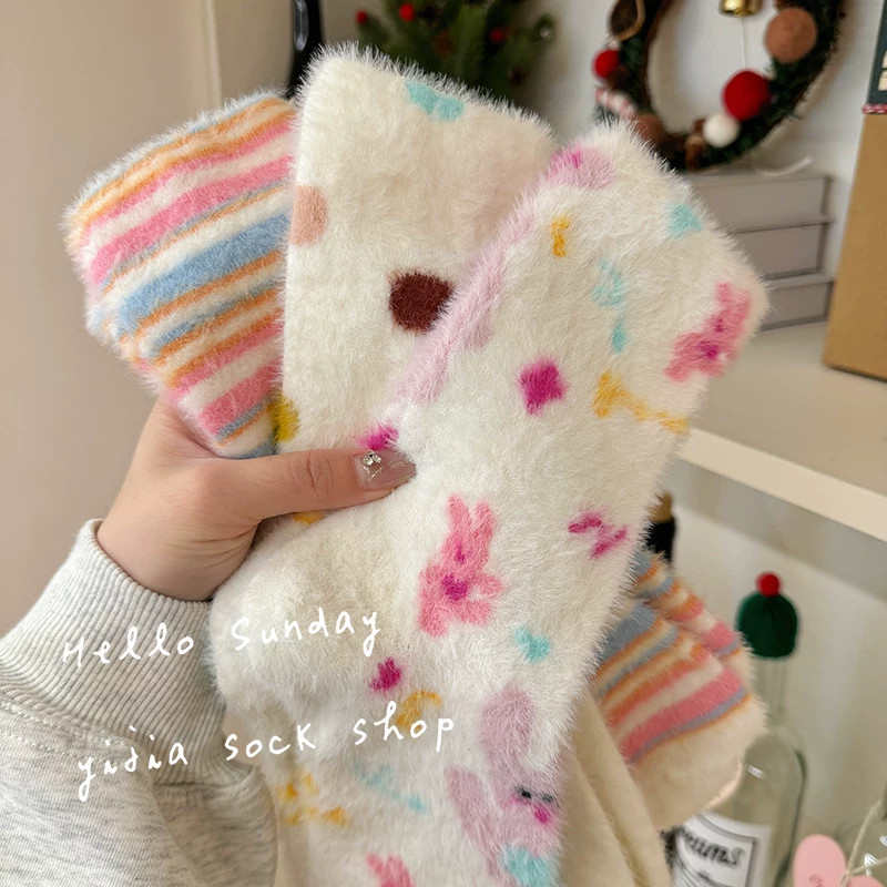 水貂绒加厚保暖中筒睡眠袜女