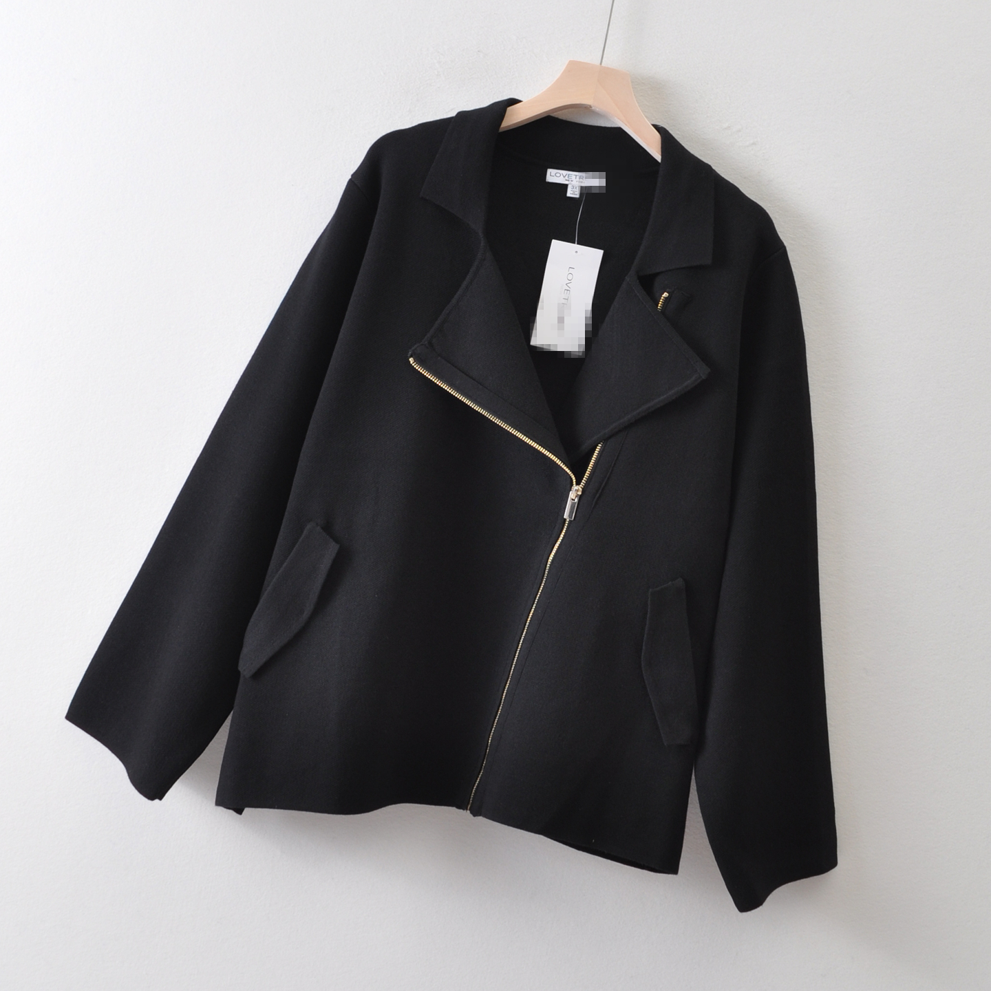 外贸欧美单LO*TREN*女装~翻领拉链毛衣外套秋 口袋加大码针织开衫