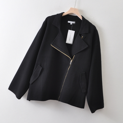 外贸欧美单LO*TREN*女装~翻领拉链毛衣外套秋 口袋加大码针织开衫