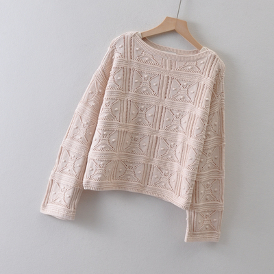 外贸米国单LOF*女装~镂空织花套头针织衫春季 全棉一字领毛衣